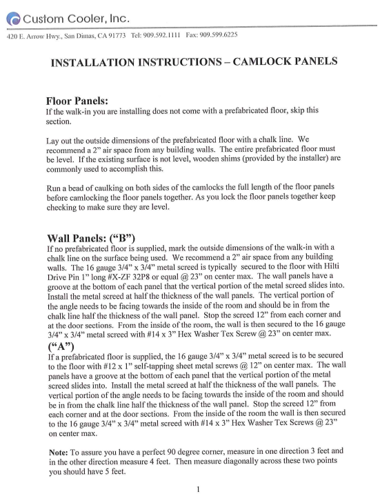 Camlock Panels Installation Instructions